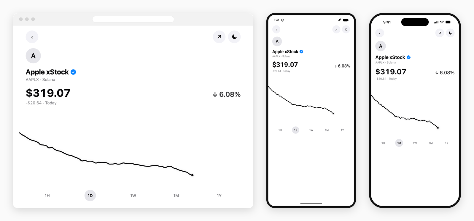 The token price example screen running on the web, on Android and on iOS, side by side