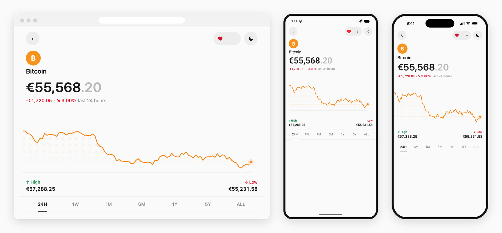 The Kraken-style coin screen running on the web, on Android and on iOS, side by side