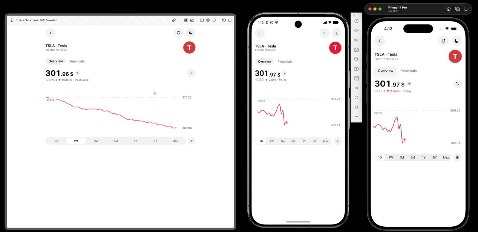 The Revolut-style quote screen running on the web, on Android and on iOS, side by side